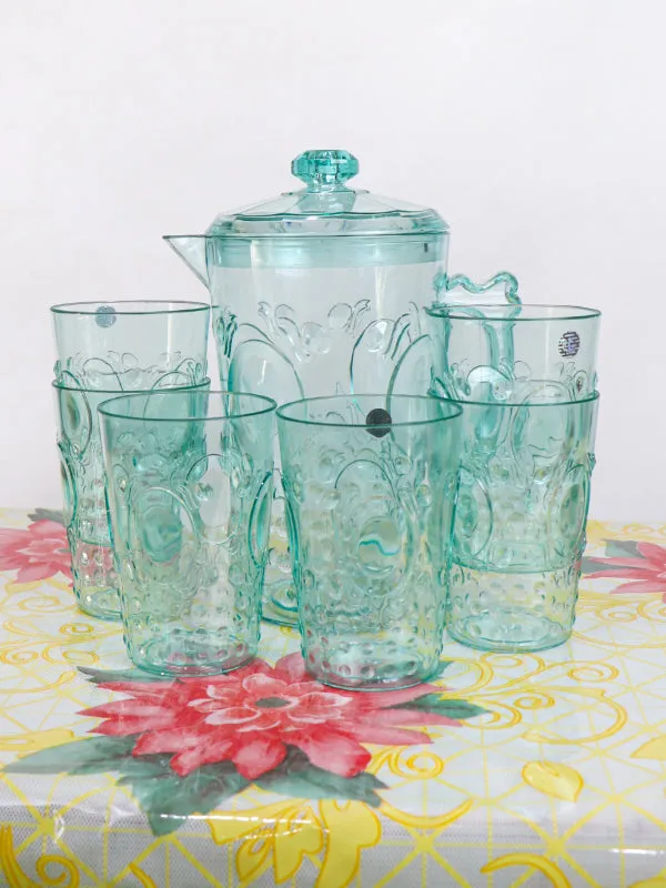 02 Plastic Novel Jug with 6 Glass Set of 7 Green