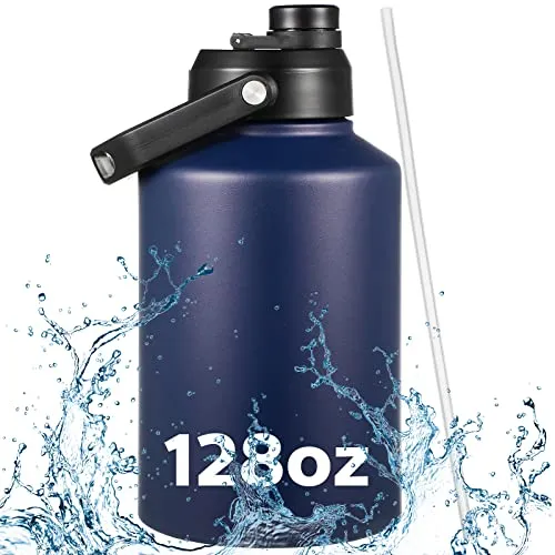 128 oz Large Insulated Water Jug One Gallon Vacuum Water Bottle Double Walled Stainless Steel Insulated Water Bottle Travel Drinking Water Flask with Silicone Straw for Hiking Camp Sport (Blue)