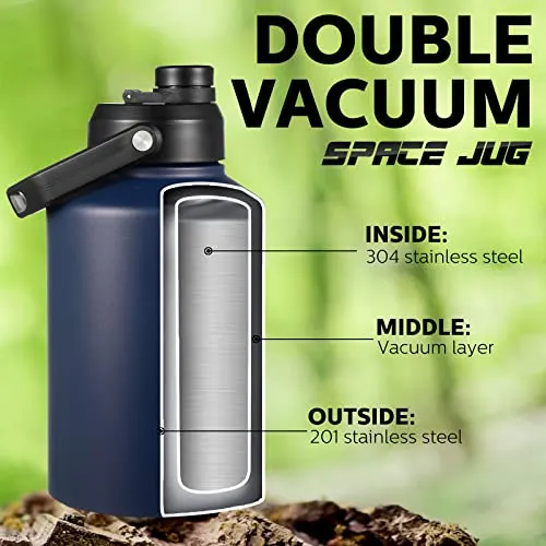 128 oz Large Insulated Water Jug One Gallon Vacuum Water Bottle Double Walled Stainless Steel Insulated Water Bottle Travel Drinking Water Flask with Silicone Straw for Hiking Camp Sport (Blue)