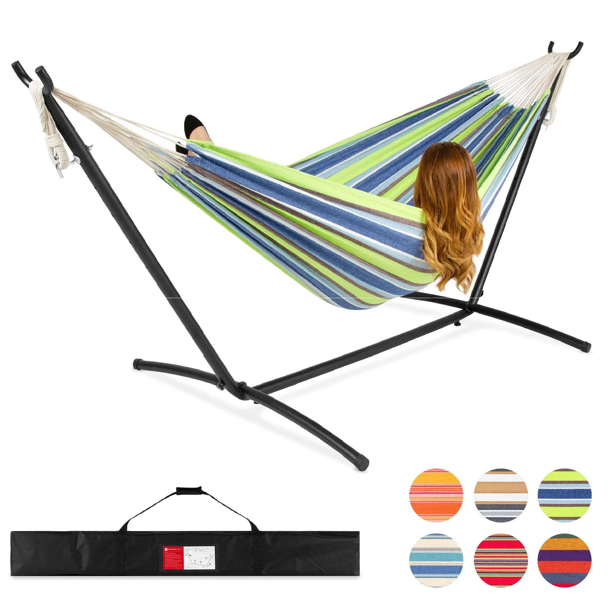 2-Person Brazilian-Style Double Hammock w/ Carrying Bag and Steel Stand