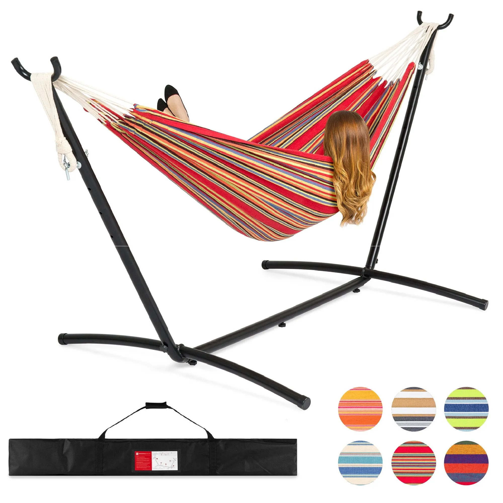 2-Person Brazilian-Style Double Hammock w/ Carrying Bag and Steel Stand