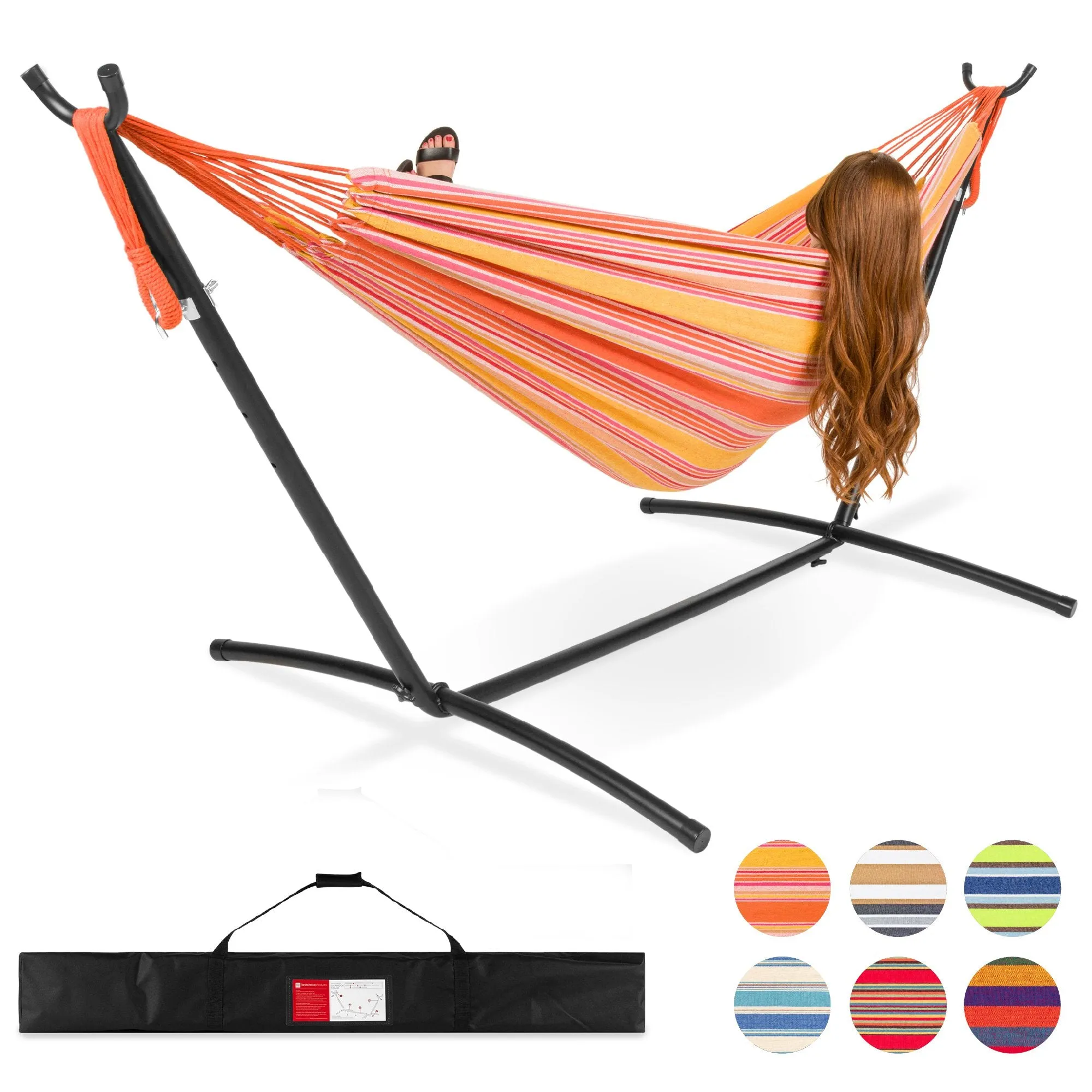 2-Person Brazilian-Style Double Hammock w/ Carrying Bag and Steel Stand