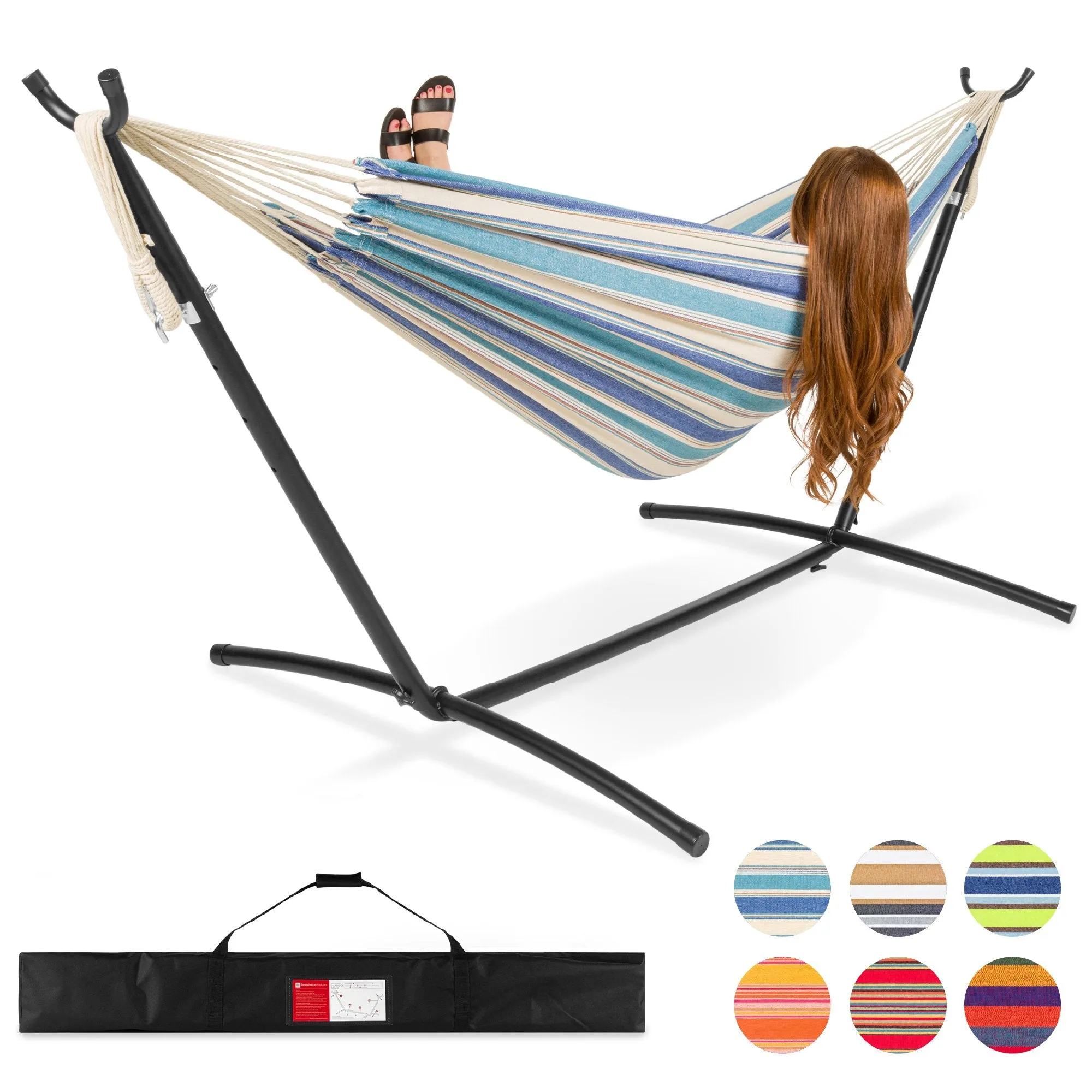 2-Person Brazilian-Style Double Hammock w/ Carrying Bag and Steel Stand