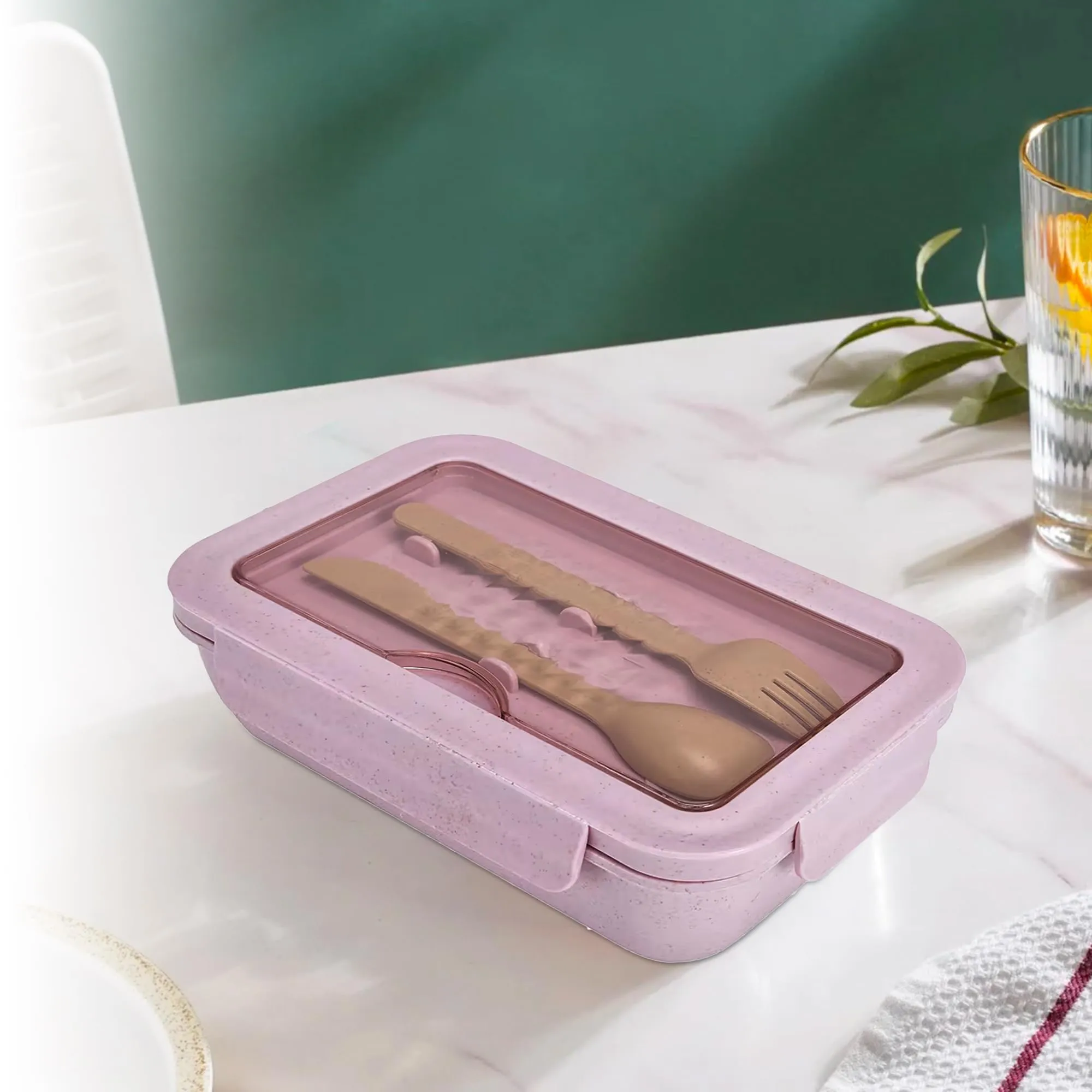 Anko BPA Free Wheat Straw Fibre Made Box for Kids and Adults with Cutlery |2 Compartments Sealed and Leak-Proof Lunch Box|Bento Box for School & Office with a Fork, a Spoon/Knife |950ml|Pink Color