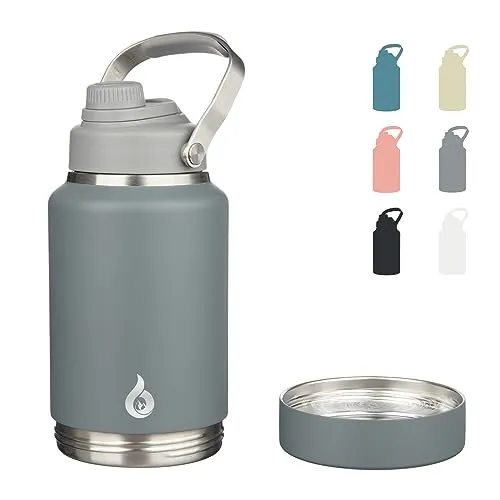 BJPKPK Half Gallon Water Bottle Insulated, Dishwasher Safe 64oz Metal Water Bottle with Removable Bowl, BPA Free Leakproof Large Water Jug, Stainless Steel Reusable Thermos for Sports, Grey