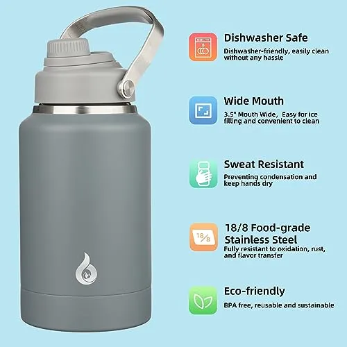 BJPKPK Half Gallon Water Bottle Insulated, Dishwasher Safe 64oz Metal Water Bottle with Removable Bowl, BPA Free Leakproof Large Water Jug, Stainless Steel Reusable Thermos for Sports, Grey