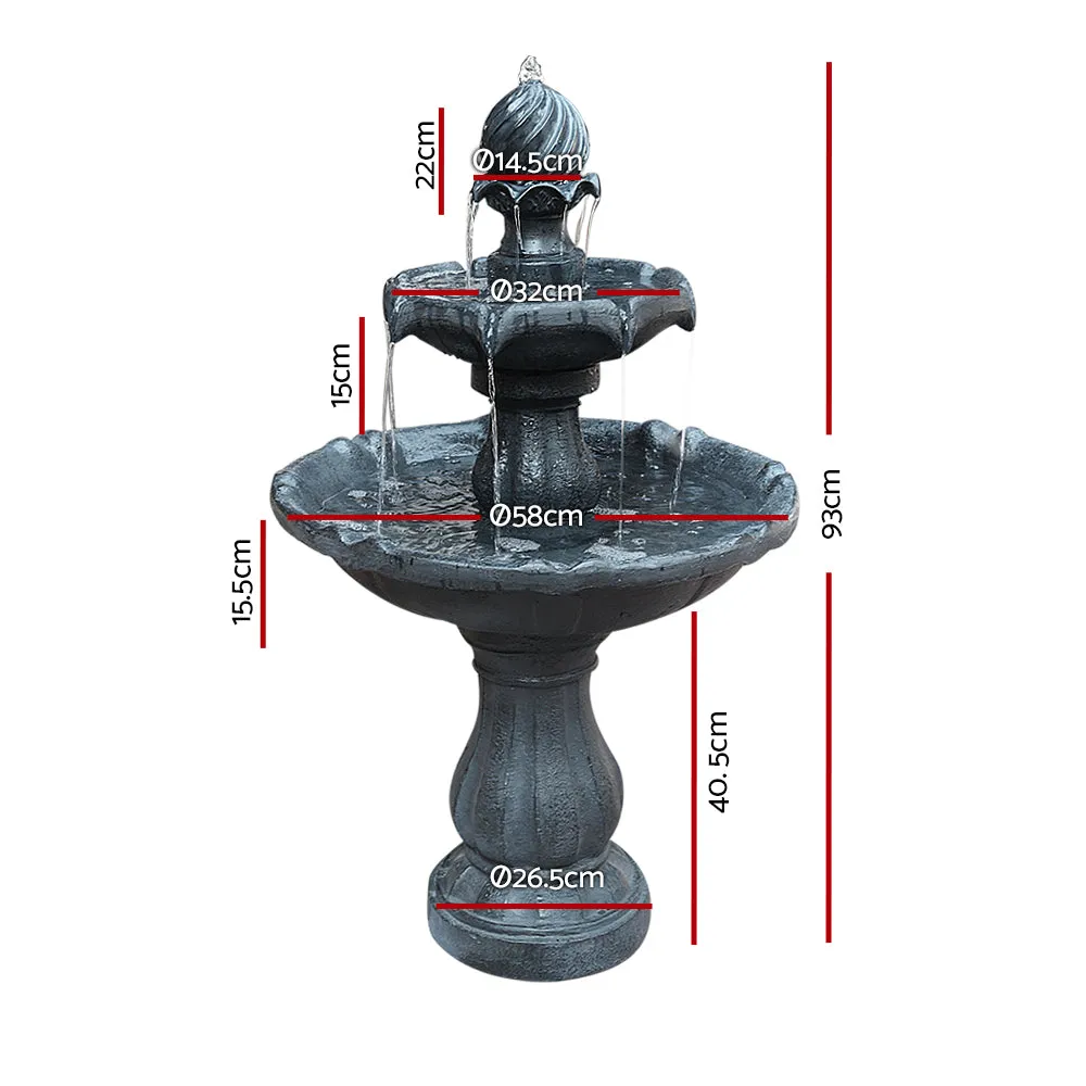 Gardeon Solar Water Feature 3-Tier Fountain with Pump Kit Bird Bath 93CM Black