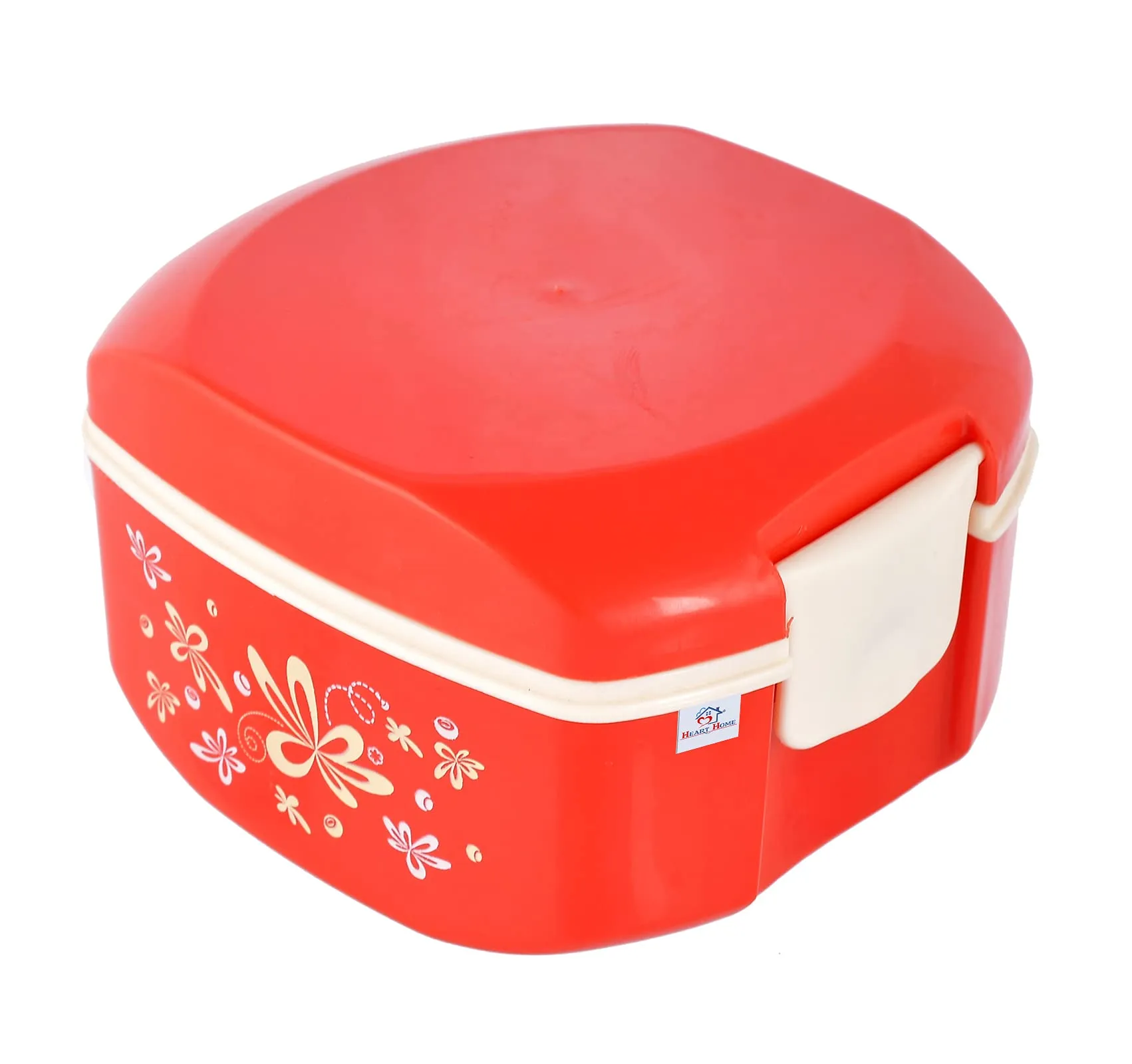 Heart Home Floral Printed Lunch Box Tiffin for School Office with Inner Stainless Steel 2 Compartment Food Container (Red) -HS42HEARTH25126