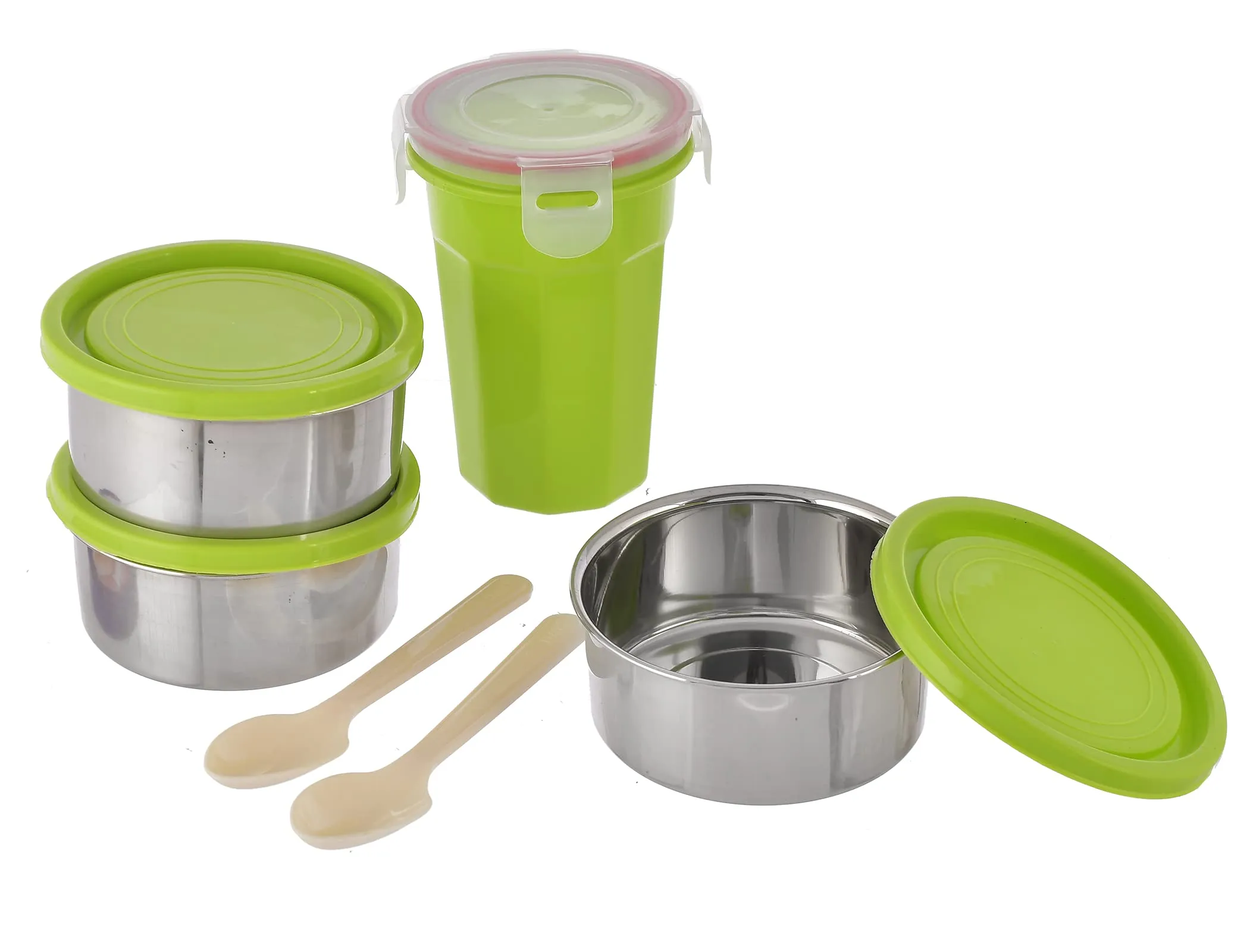 Heart Home Stainless Steel 3 Container, 1 Plastic Glass and 2 Plastic Spoon Lunch Box Set with Carry Bag (Green)-HS42HEARTH25119