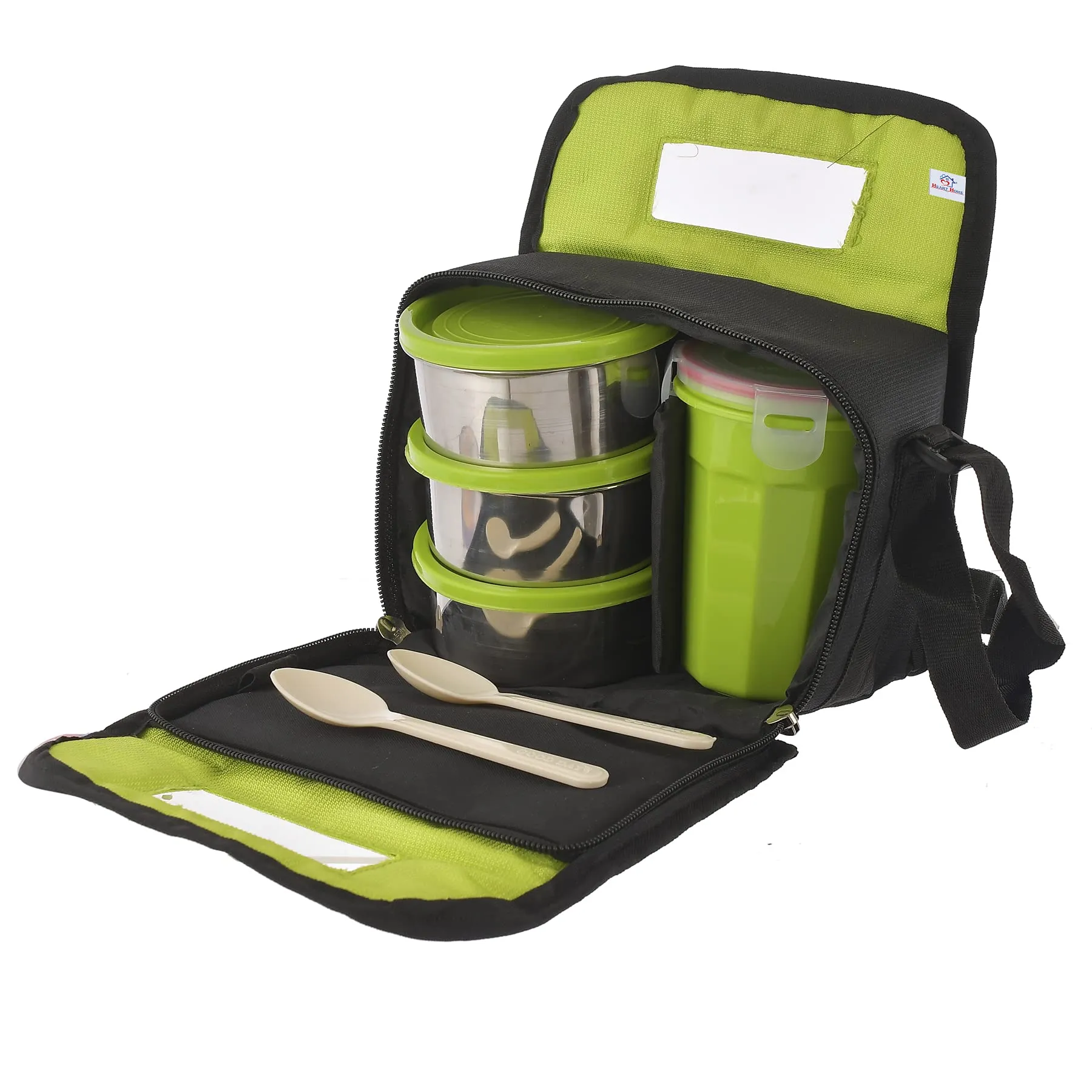 Heart Home Stainless Steel 3 Container, 1 Plastic Glass and 2 Plastic Spoon Lunch Box Set with Carry Bag (Green)-HS42HEARTH25119