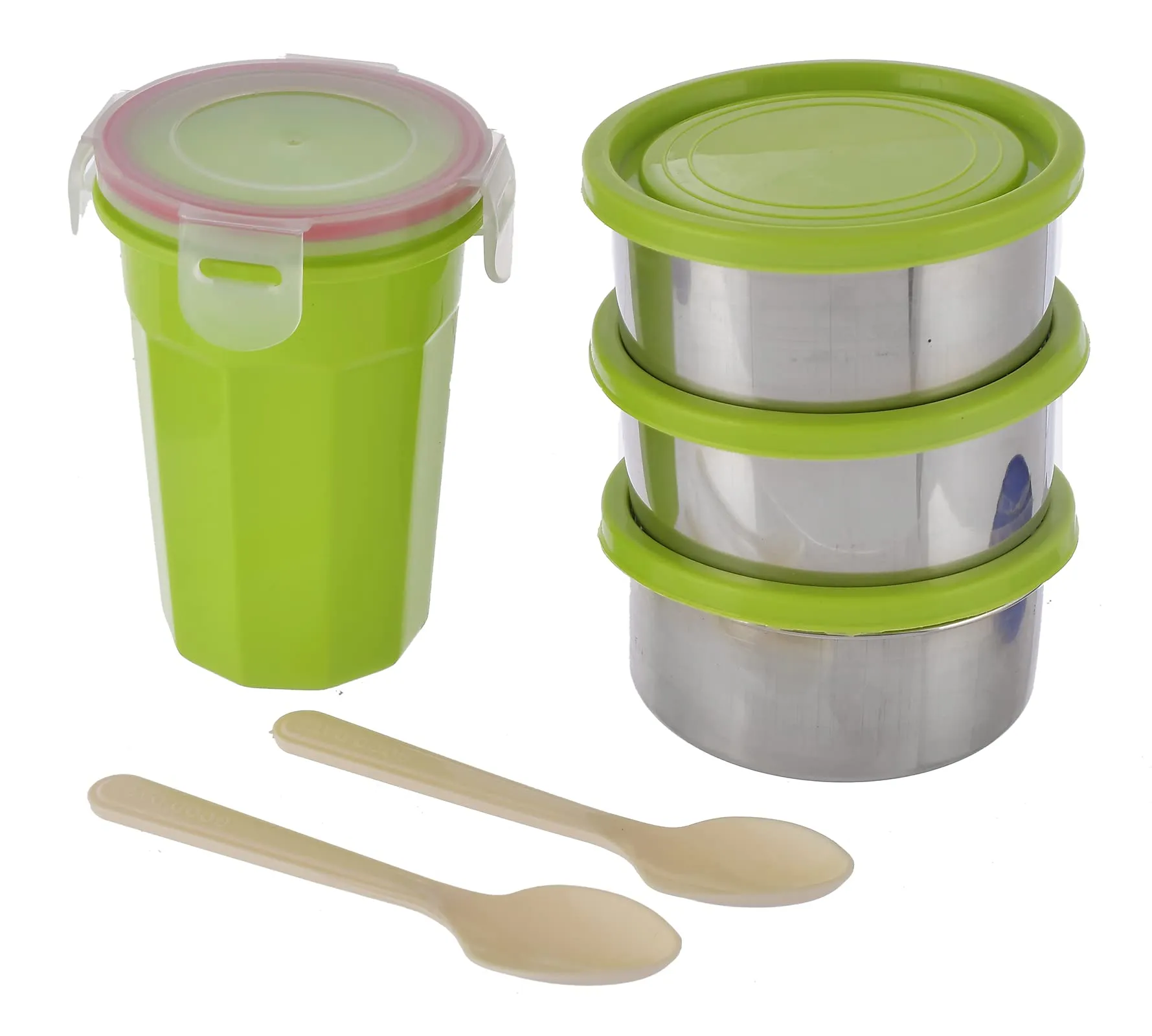 Heart Home Stainless Steel 3 Container, 1 Plastic Glass and 2 Plastic Spoon Lunch Box Set with Carry Bag (Green)-HS42HEARTH25119