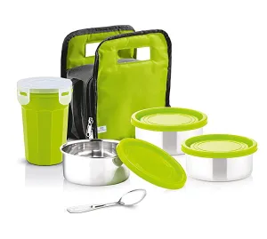 Heart Home Stainless Steel 3 Container, 1 Plastic Glass and 2 Plastic Spoon Lunch Box Set with Carry Bag (Green)-HS42HEARTH25119