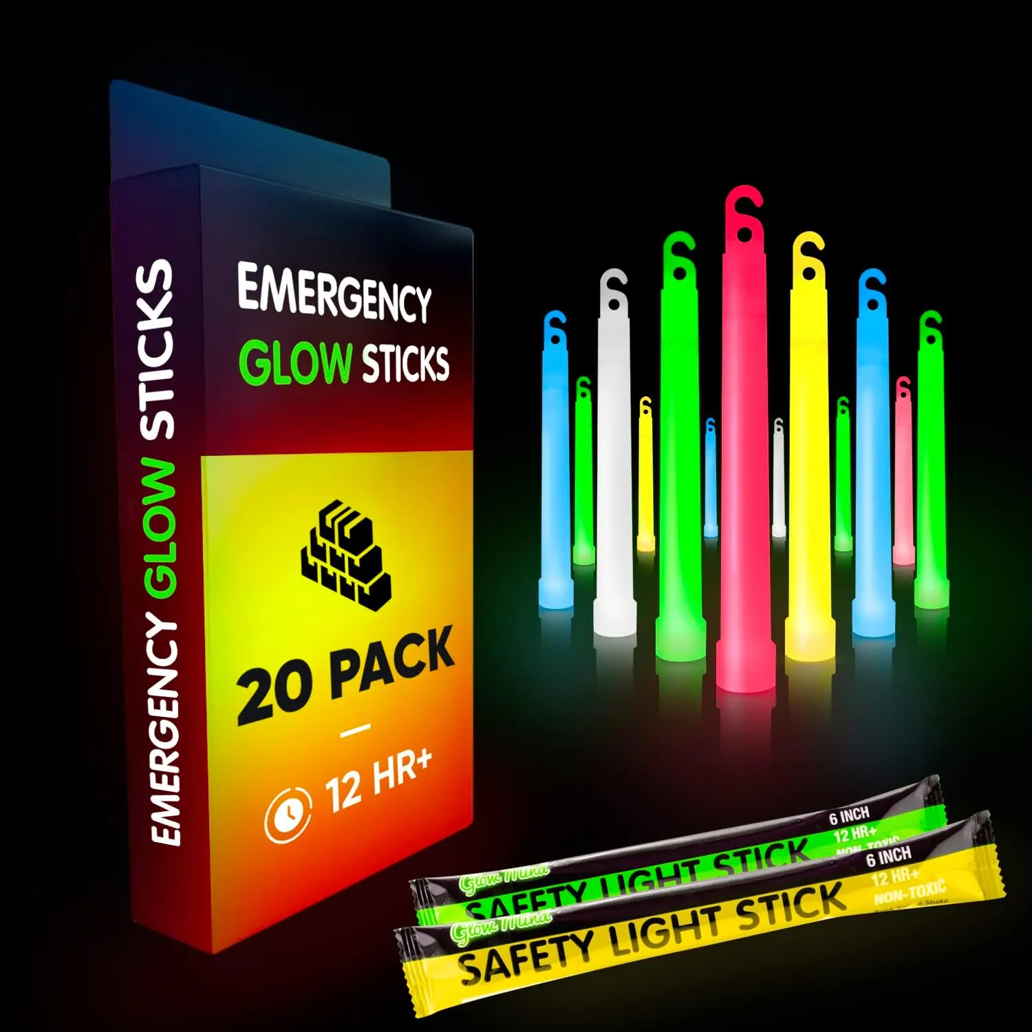 ITEM# 0220   Emergency Glow Sticks with 12 Hours Duration, Individually Wrapped Industrial Grade Glowsticks for Survival Gear, Camping Lights, Power Outages and Military Use (Watch Video)