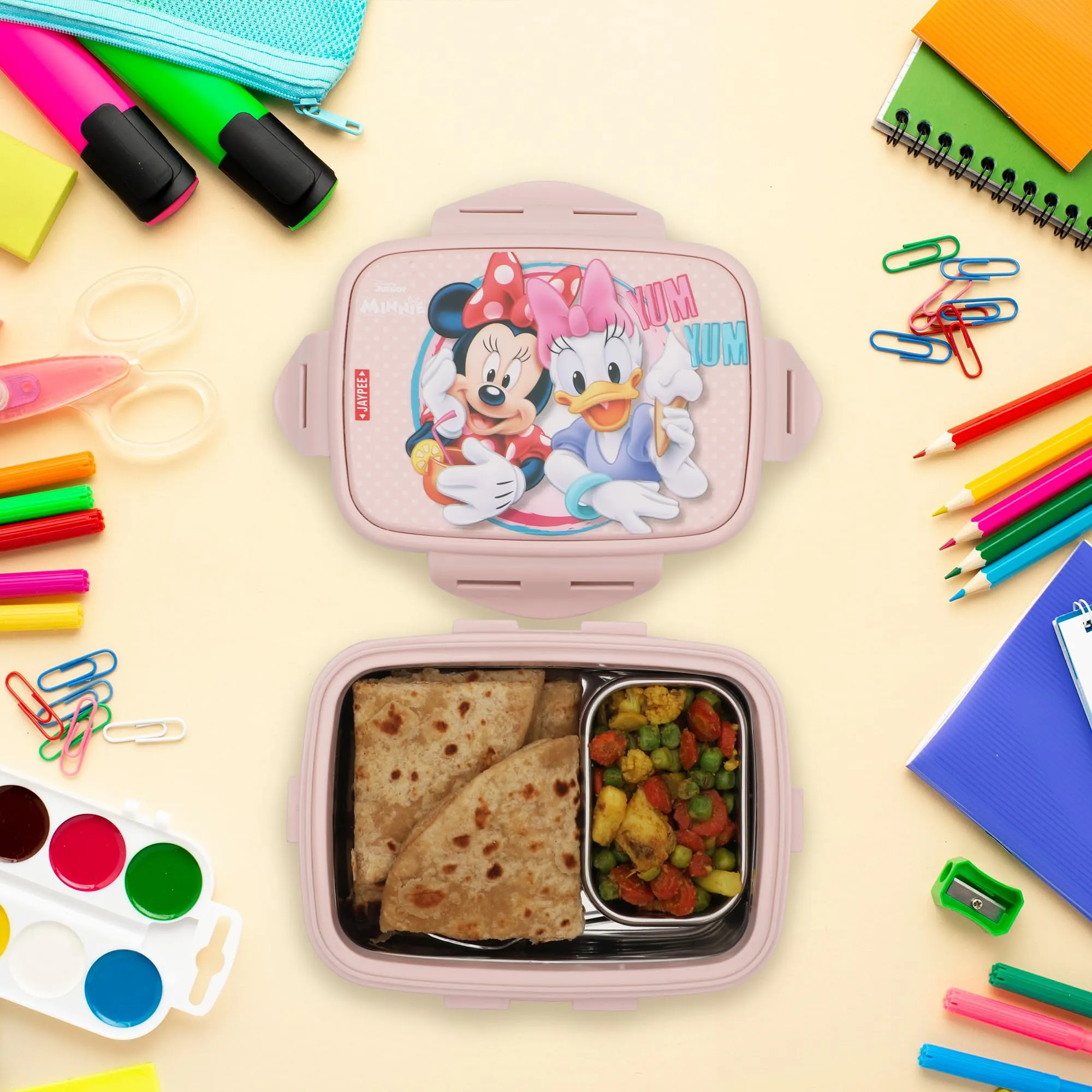 JAYPEE Steel Tek Jr. Insulated Lunch Box Mickey Mouse & Donald Duck, Pink, 400 ml, Tiffin Box School Kids, Girls & Boys