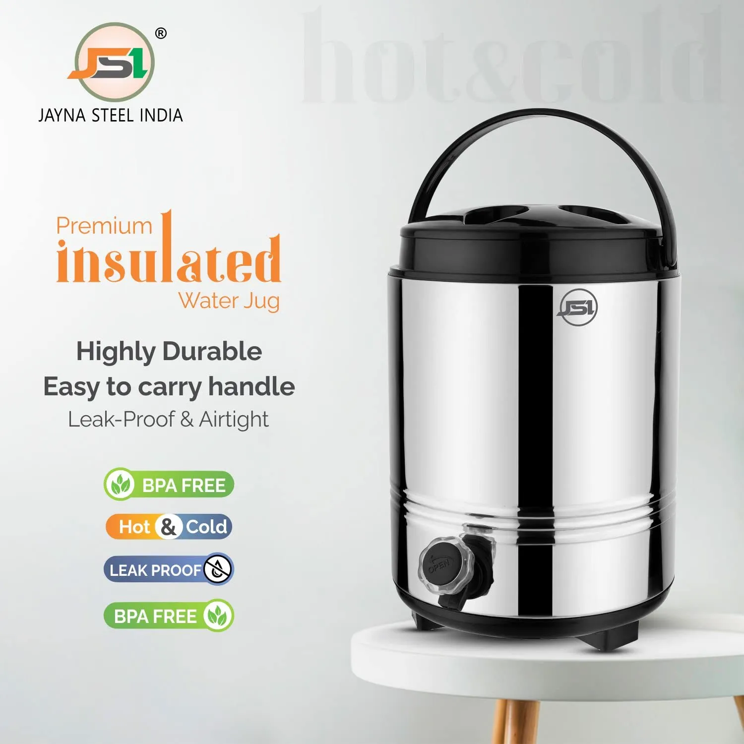 JSI Hot & Cold PUF Insulatred Water Bottled Jug with 10 Liters of Water Storage Capacity I Food Safe Stainless Steel Inside & Outside I Leak-Proof Tap I Bpa Free I Rust Free I Keeps Beverages Fresh