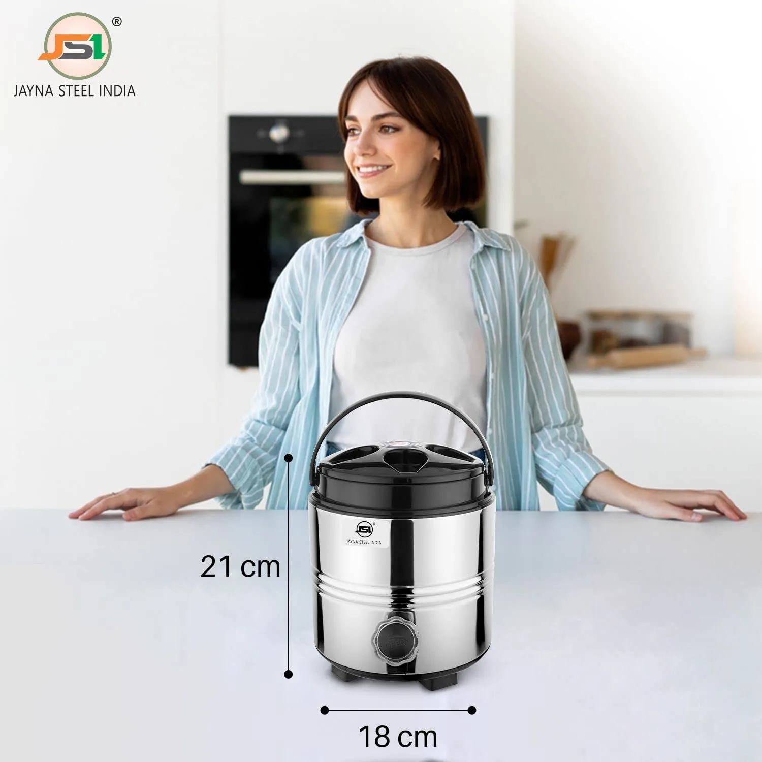 JSI Stainless Steel Hot and Cold Bottled Water Dispenser Pitcher (3 Liters) 2 Inch PUF Insulated Thermosteel Water Dispenser for Office Home Kitchen I Airtight & Leak-Proof I Mirror Finish, Silver