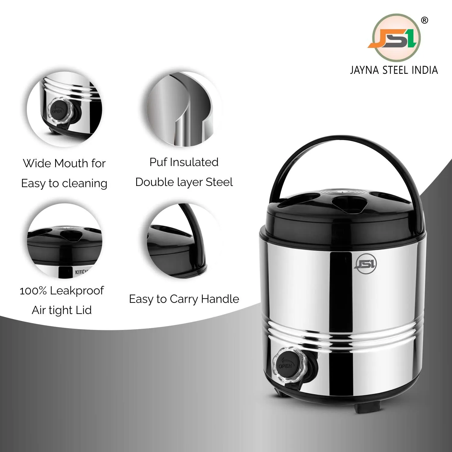 JSI Stainless Steel Hot and Cold Bottled Water Dispenser Pitcher (3 Liters) 2 Inch PUF Insulated Thermosteel Water Dispenser for Office Home Kitchen I Airtight & Leak-Proof I Mirror Finish, Silver