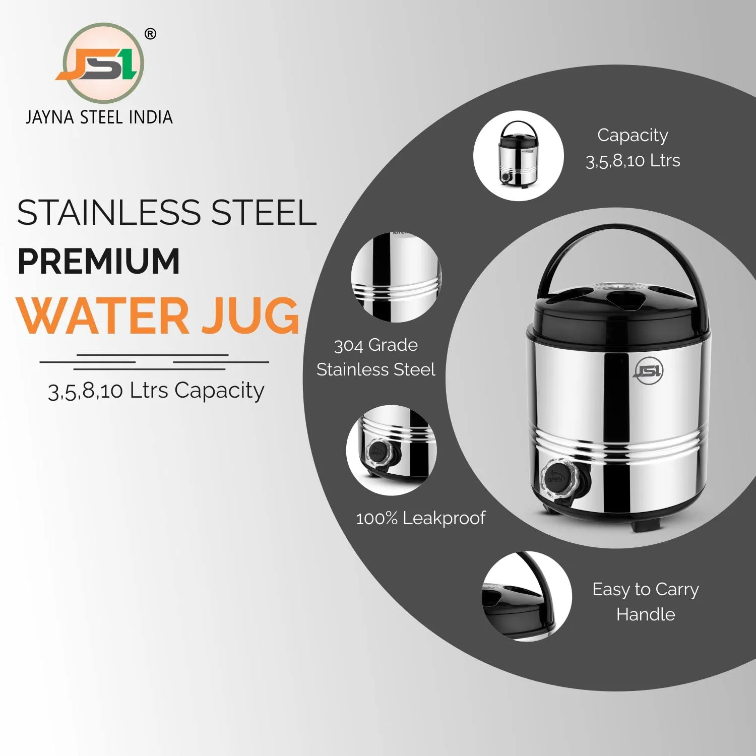 JSI Stainless Steel Hot and Cold Bottled Water Dispenser Pitcher (3 Liters) 2 Inch PUF Insulated Thermosteel Water Dispenser for Office Home Kitchen I Airtight & Leak-Proof I Mirror Finish, Silver