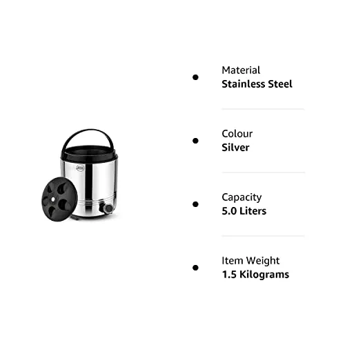 JSI Stainless Steel Hot and Cold Water Jug 5 Liter I PU Insulated with Easy to Carry Handle I Hot Tea Flask/Bottled Jug I Non-Breakable I Easy to Clean and Maintain