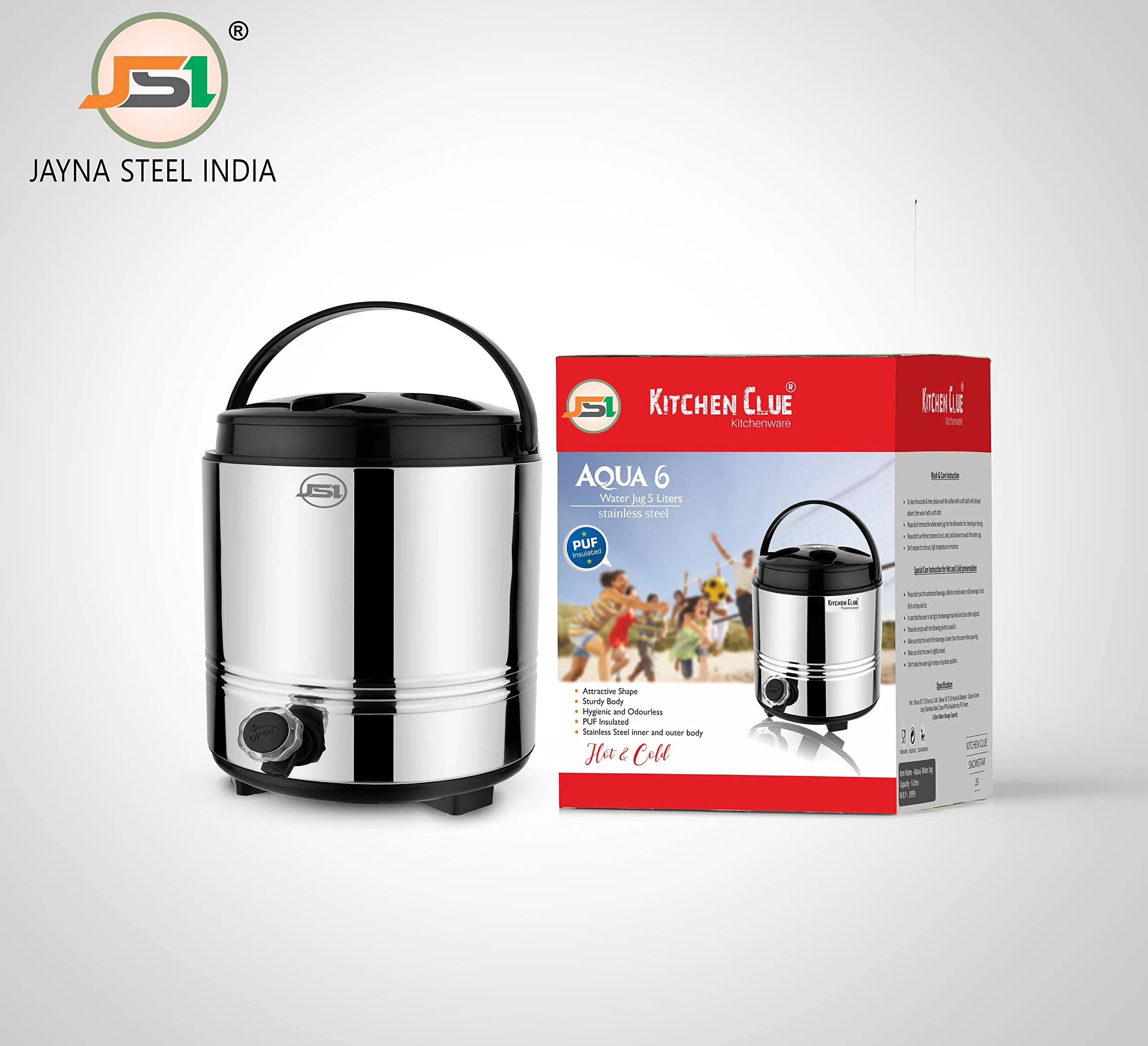 JSI Stainless Steel Hot And Cold Water Jug, Pu Insulated Thermosteel 5 Liters, Silver Black I Steel Water Container With Tap I For Kitchen I Ideal For Gifting