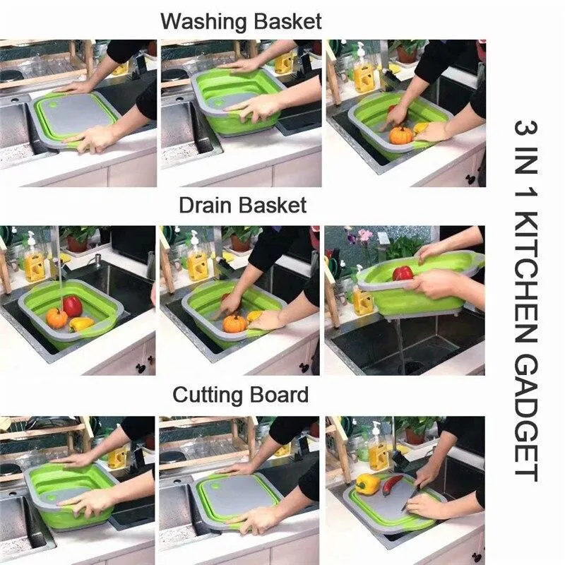 Kitchen 3 In 1 Multifunctional Collapsible Foldable Vegetable Basket Chopping Board