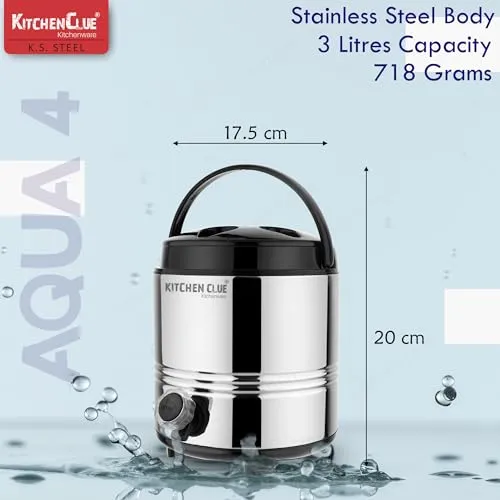 Kitchen Clue Hot and Cold Water Containers with Lid - PUF Insulated Steel Water Jug 2.5 Liter, Silver - Ideal for Travelling, Picnic, Office, Shops, Home Kitchen