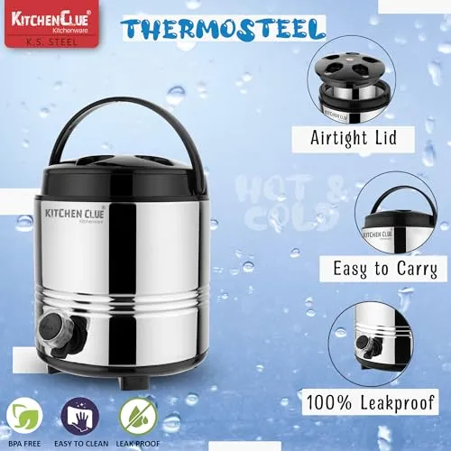 Kitchen Clue Hot and Cold Water Containers with Lid - PUF Insulated Steel Water Jug 2.5 Liter, Silver - Ideal for Travelling, Picnic, Office, Shops, Home Kitchen