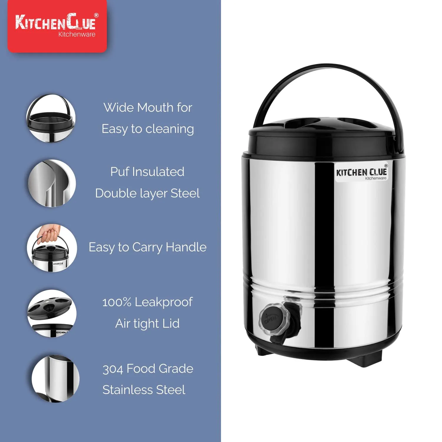 KITCHEN CLUE Kool Water Jug 10 Liter I PUF Insulated Thermosteel Stainless Steel Water Jug with Easy to Carry Handle I Hot and Cold Water Dispenser for Office Home Kitchen I Easy to Clean & Use