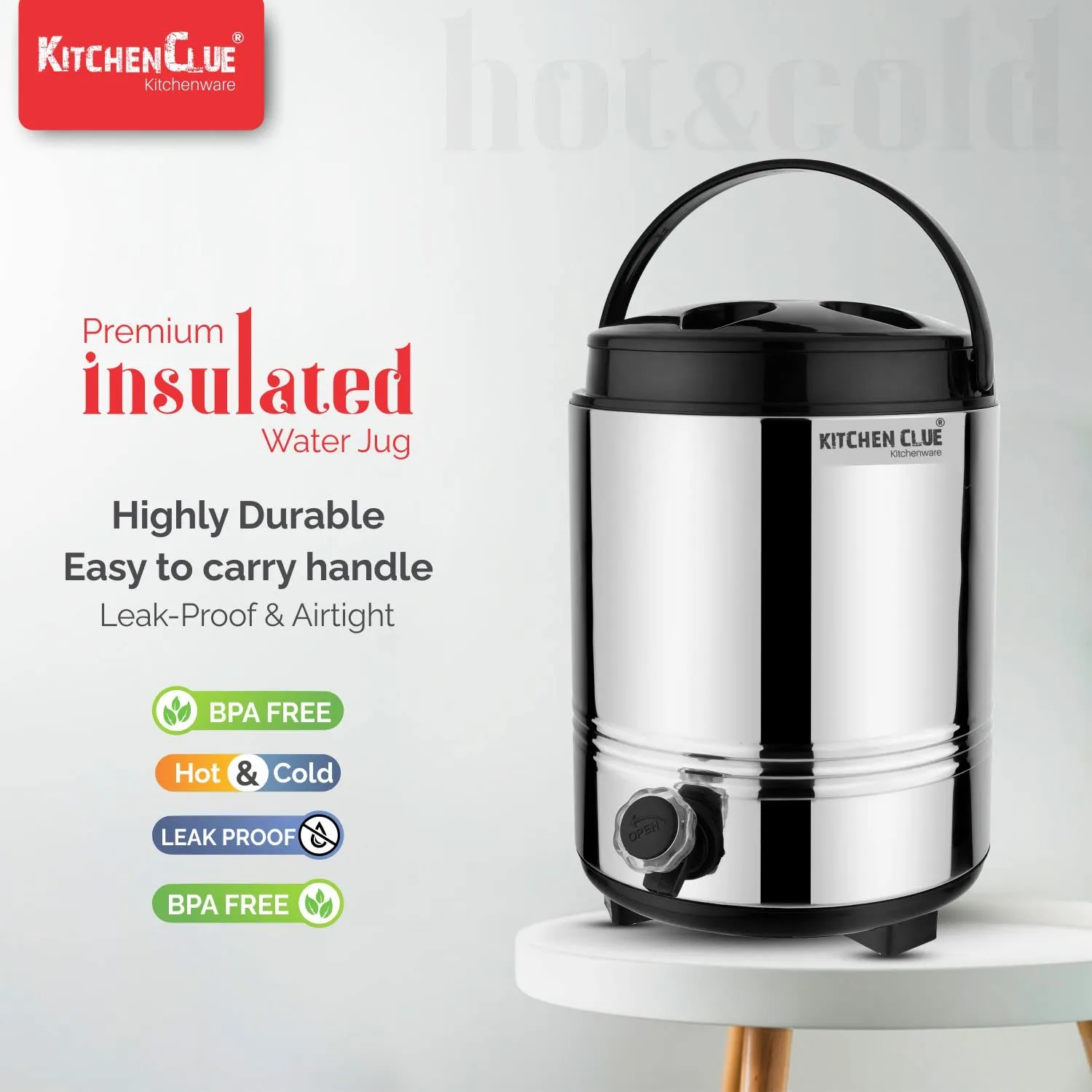 KITCHEN CLUE Stainless Steel PU Insulated Travel Water Jug 8 Liters I Cool Drinking Water Dispenser for Office Home Kitchen I Silver Black (8000 ML)