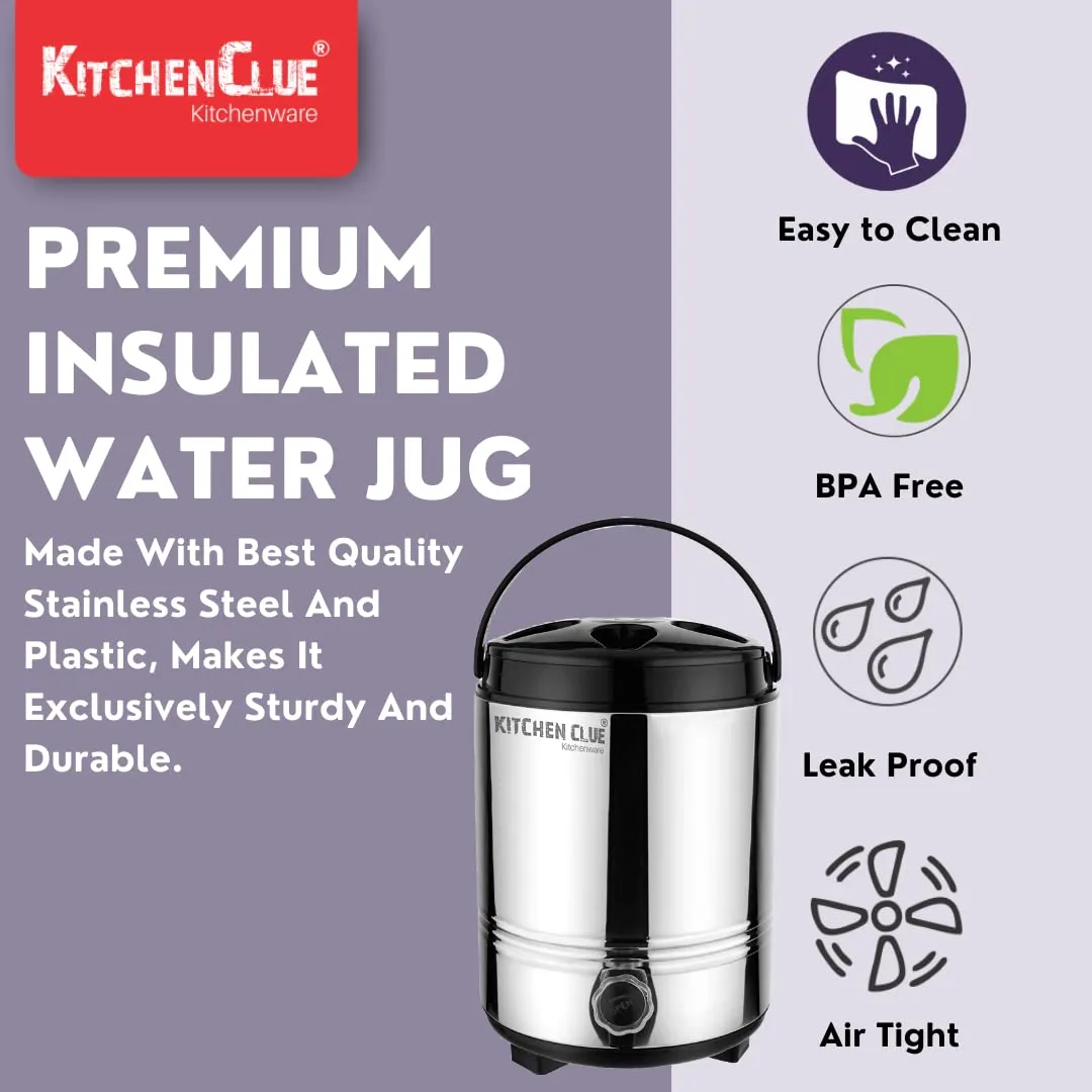 KITCHEN CLUE Stainless Steel PU Insulated Travel Water Jug 8 Liters I Cool Drinking Water Dispenser for Office Home Kitchen I Silver Black (8000 ML)