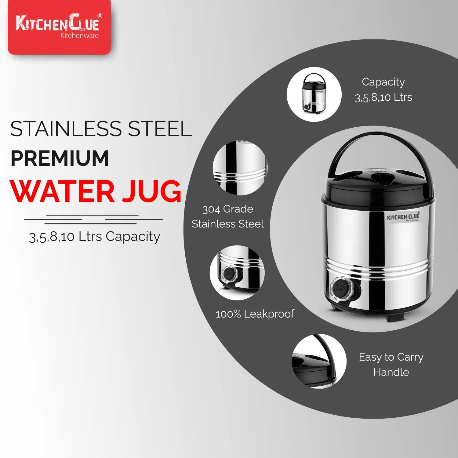 KITCHEN CLUE Stainless Steel PU Insulated Travel Water Jug 8 Liters I Cool Drinking Water Dispenser for Office Home Kitchen I Silver Black (8000 ML)