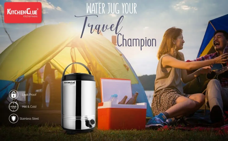 KITCHEN CLUE Stainless Steel Water Camper 10 Liter - PUF Insulated Thermosteel Hot & Cold Water Dispenser For office Home Kitchen - Easy To Carry Handle - Easy To Use & Clean - Highly Durable & Sturdy