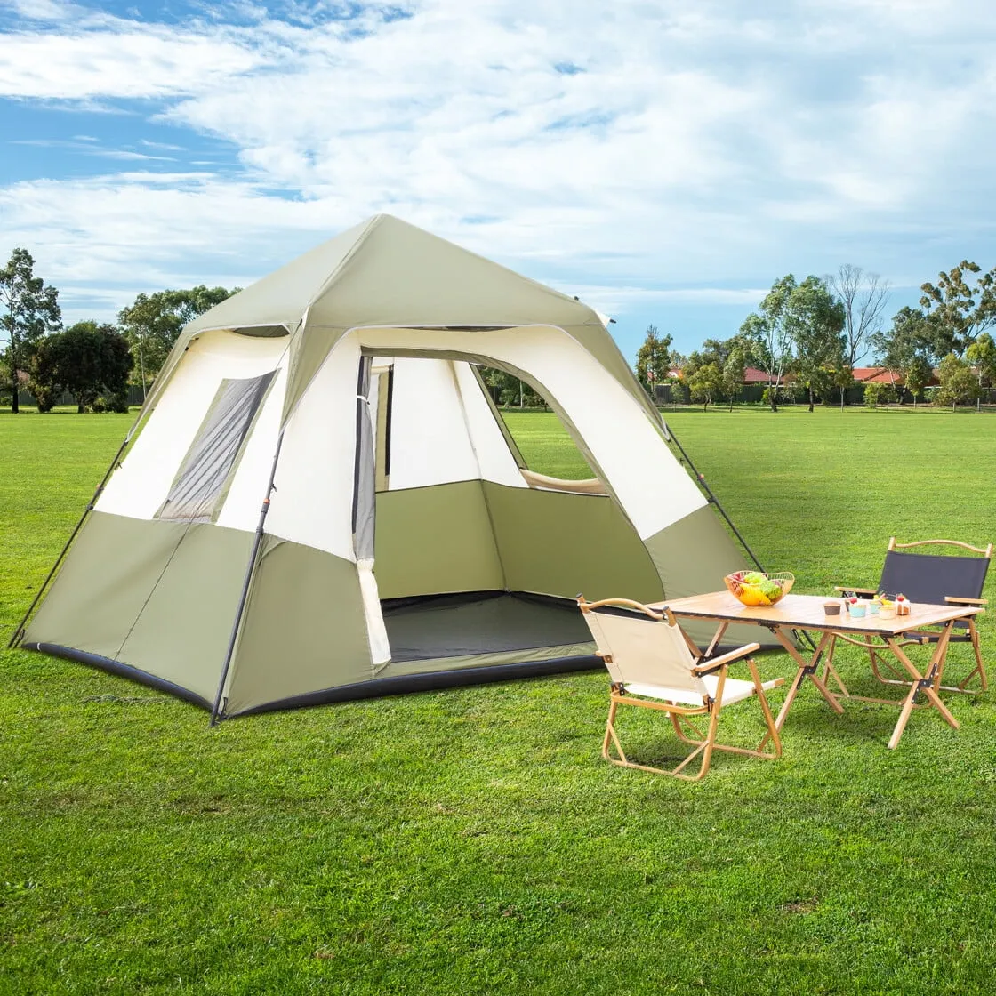 modern 6 Person Outdoor Family Tent, Polyester Cloth Camping Tent with Storage Bags for Festivals, Backyard, Mountaineering, Rainfly & Windproof, Army Green & White