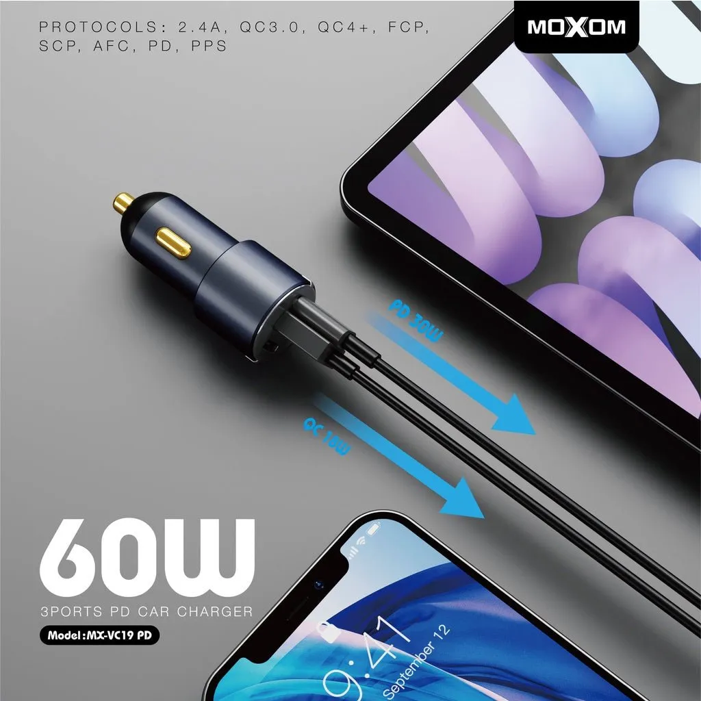 MOXOM VC19 PD 60W 3 PORTS Car Charger with PD 30W QC3.0USB  Type C Ports Fast Charge Car Charger