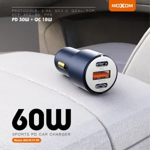 MOXOM VC19 PD 60W 3 PORTS Car Charger with PD 30W QC3.0USB  Type C Ports Fast Charge Car Charger