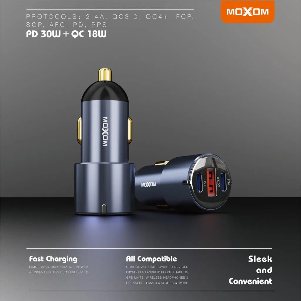 MOXOM VC19 PD 60W 3 PORTS Car Charger with PD 30W QC3.0USB  Type C Ports Fast Charge Car Charger